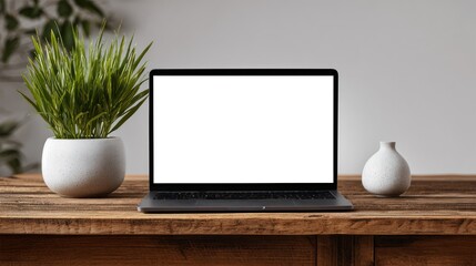 Laptop on wooden table with plants
