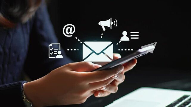 Digital marketer using email marketing tools on laptop and smartphone, sending newsletters and analyzing campaign performance to engage subscribers and grow business through personalized content 