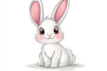 Obraz premium Adorable white bunny with pink cheeks sits cheerfully on white background art on white background. Generative Ai