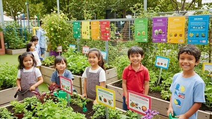 Children in a school garden, learning about plants and vegetables.