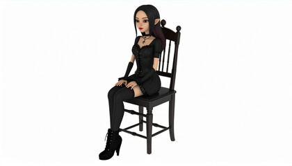 3D Cartoon of Gothic Girl Sitting on Chair Wearing Black Outfit, Dark Fashion Style

