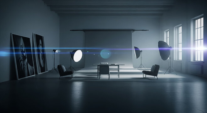 Cinematic View, Professional Photography Photo Studio Loft, Set for High-End Fashion Photoshoot with Dramatic Lens Flare. - Powered by Adobe