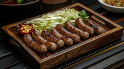 Grilled Isan sausages served with fresh cabbage, ginger slices, and bird’s eye chilies on a wooden tray.