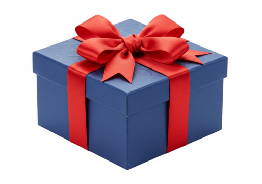 Isolated Glittering Blue Gift Box Red Bow Transparent Background - Powered by Adobe