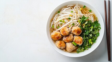 Hot noodle soup with chicken, fish balls, bean sprouts, and green onions, served in a deep white bowl with chopsticks.