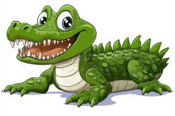 Fototapeta premium A cheerful cartoon alligator with a bright smile showing sharp teeth on white on white background. Generative Ai