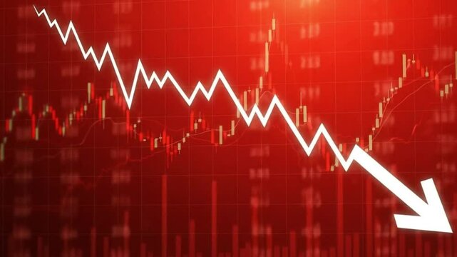 A downward trending line graph with a white arrow against a red background indicating a loss trend