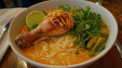 Northern Thai curry noodle soup with chicken drumstick, crispy noodles on top, lime wedge, and pickled mustard greens on the side.