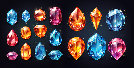 Set of different shiny gems and crystals