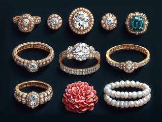 Set of luxury jewelry collection including ring, bracelet with white and transparent diamonds and pearls. Realistic style illustration isolated on black background
