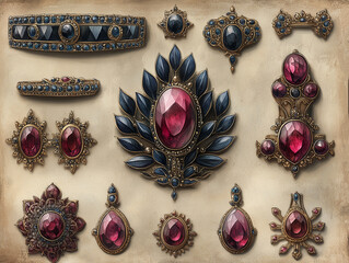 Set of luxury jewelry collection including earrings, rings, bracelets and brooch with red ruby and black onyx. Hand draw sketch illustration isolated on brown background