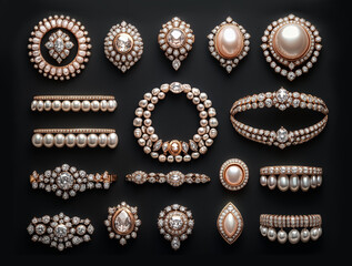 Set of luxury jewelry collection including necklace, brooch, bracelet, ring, earrings with diamonds and pearls. Realistic style illustration isolated on black background