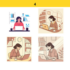 Fototapeta premium Four illustrations of women working on laptops in cozy home office environments