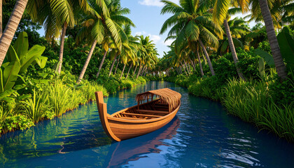 3D Cartoon of Kerala Backwaters with Small Boat, Scenic Water Landscape and Traditional Boat