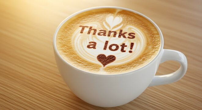 White mug of coffee with latte art that says 'thanks a lot!' and a heart, symbolizing gratitude and appreciation.