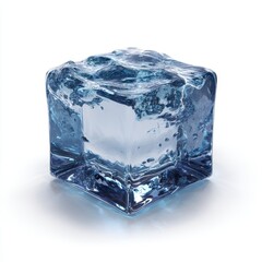 Translucent Blue Ice Cube on White Background