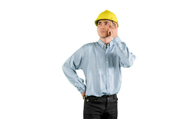 Pensive Male Engineer in Yellow Hard Hat Thinking and Looking Up Isolated on White Background