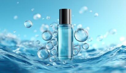 3D rendered cosmetic bottle with water bubbles floating on blue background, minimalist beauty product advertisement concept showcasing hydration and freshness