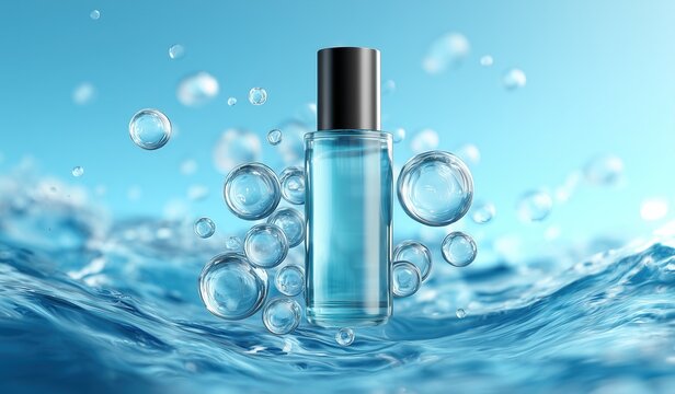 3D rendered cosmetic bottle with water bubbles floating on blue background, minimalist beauty product advertisement concept showcasing hydration and freshness