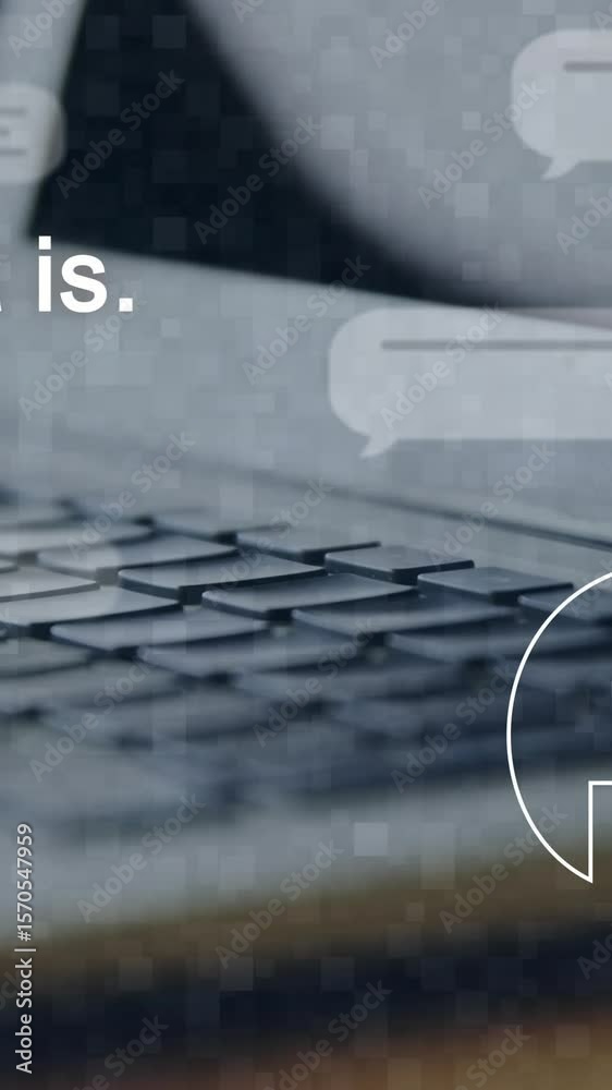 Poster animating chat bots over laptop keyboard with speech bubbles in colorful background