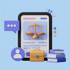 Mobile app interface with scales of justice, briefcase, books, legal services online, clean, modern, digital design, icon, illustration.