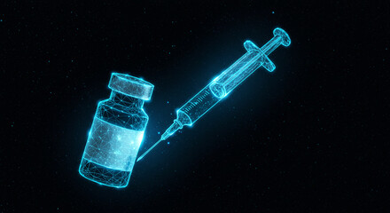 Futuristic neon wireframe syringe and vaccine vial on a starry night background