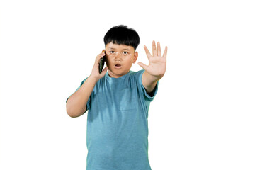 Asian Boy Talking on Phone and Gesturing Stop with Hand Isolated on White Background