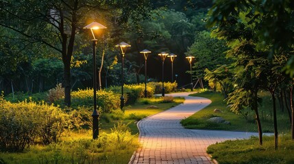 Obraz premium Solar-powered streetlights illuminating a winding path through a green park.