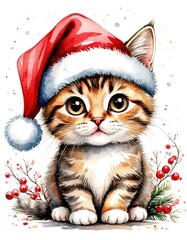 cute kitten in santa hat. christmas new year card. watercolor illustration.