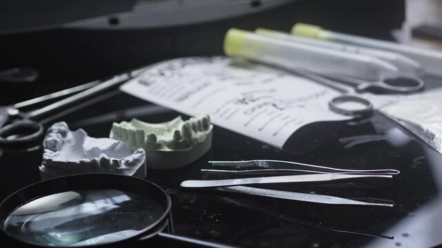 Forensic evidence with dental laboratory equipment lays on desktop