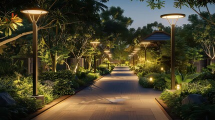 Solar-powered streetlights in a green community illuminating pathways at night.