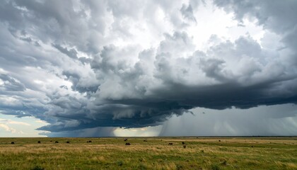 Dramatic Storm Clouds And Rain Shower Over Vast Green Field With Grazing Cattle Under A Threatening Grey Sky