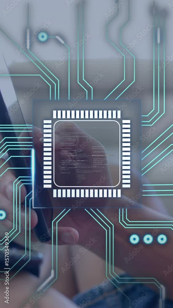 Poster microchip and circuit lines animation over person using smartphone on couch