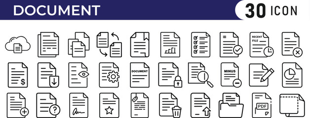 Documents icon set. The set includes a Document, File, Diploma, File Downloading, Resume, Report, Document Approved, Portfolio, Checklist, Archive, Document Searching, Computer Printer.