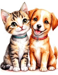 Sweet little cat and dog friends Watercolor Illustration. Card, print, poster.