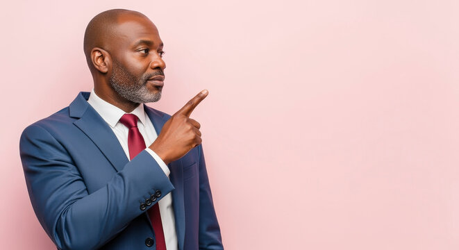 African American Businessman in Blue Suit Pointing Right with Serious Expression on Pink Background - Powered by Adobe