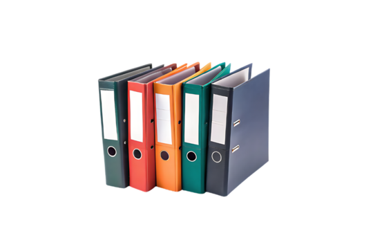 Colorful Ring Binders Standing in a Row on Black Background for Organizing Documents and Files in the Office