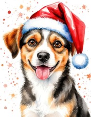 cute dog in santa hat. christmas new year card. watercolor illustration.