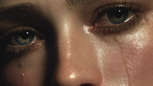 A close-up shot capturing the real emotion of a woman shedding tears