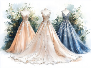 Three wedding and prom dresses made of silk and tulle are decorated with precious stones and embroidery. Watercolor style illustration isolated on white background