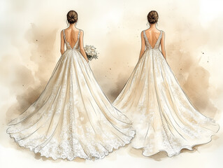 Two girls in beautiful wedding dresses with a bouquet standing with their backs. Watercolor style illustration isolated on white background