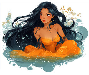Portrait of a beautiful girl with long dark hair in an orange dress