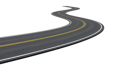 Winding Asphalt Road with Yellow Lines Isolated on Black Background Symbolizing Journeys Paths and the Open Road Ahead