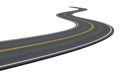 Winding Asphalt Road with Yellow Lines Isolated on Black Background Symbolizing Journeys Paths and the Open Road Ahead
