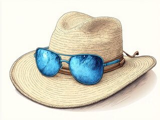 Sunglasses for leisure and a straw hat. Hand draw sketch illustration isolated on white background