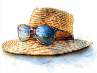 Straw hat and sunglasses for relaxation. Hand draw sketch illustration isolated on white background