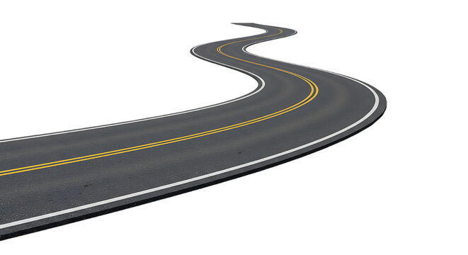 Winding Asphalt Road with Yellow Lines Isolated on Black Background Symbolizing Journeys Paths and the Open Road Ahead