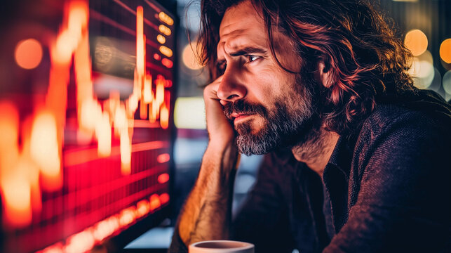 A cinematic close-up depicts a trader's defeated expression in an empty office, with red stock graphs, messy surroundings, and harsh lighting enhancing the mood.
