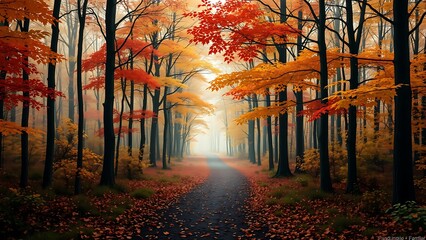 Misty Autumnal Forest Pathway Mysterious Woods Colorful Autumn