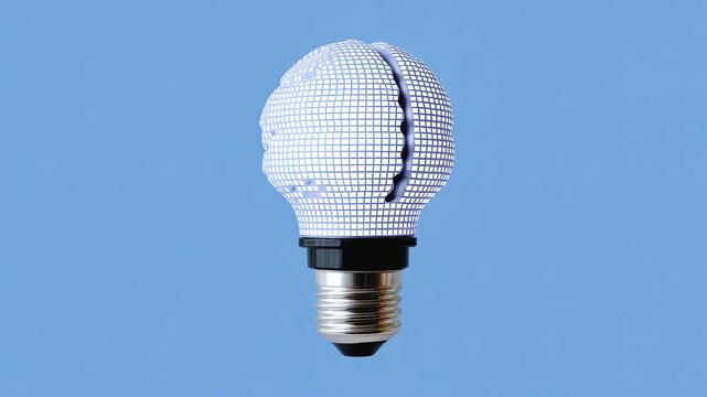 Digital brain shaped light bulb with pixel grid blue background symbolizing innovation creativity technology and bright idea energy